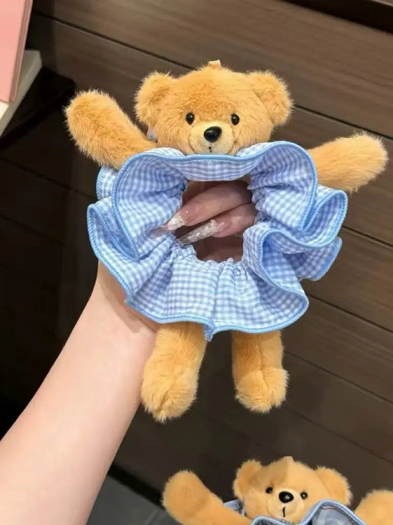 Plush Teddy Bear Plaid Scrunchie – Korean Style Hair Tie