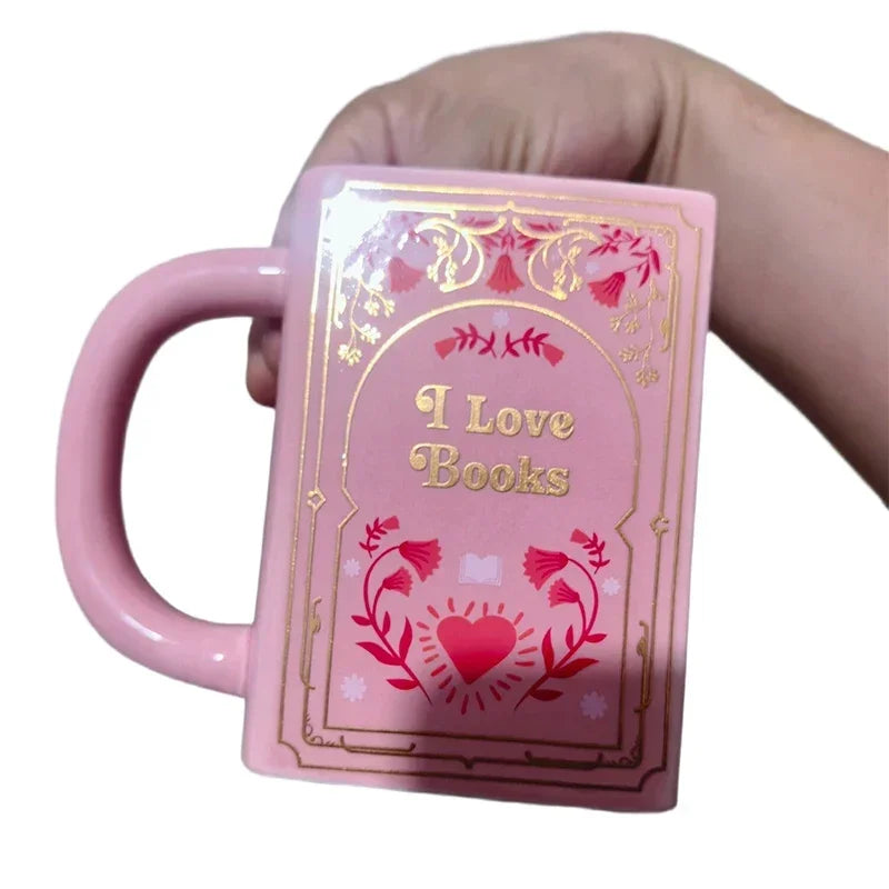 Book-Shaped Ceramic Coffee Mug – Pink, White & Green Gift