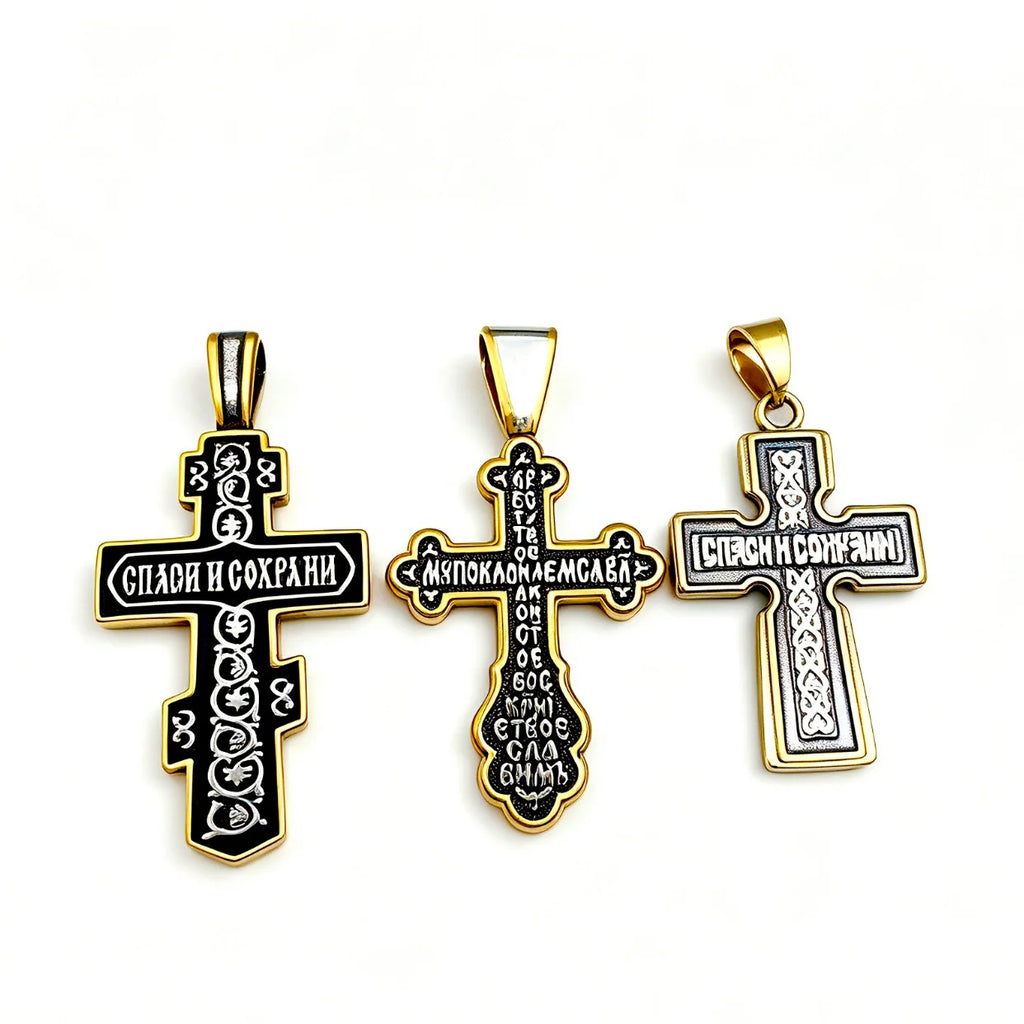 Gold Plated Russian Orthodox Cross Pendant Necklace
