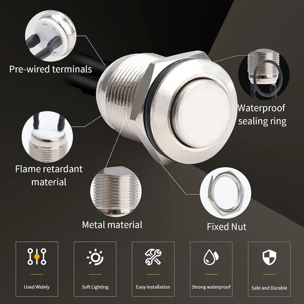 12mm Momentary Push Button Switch – IP65 Waterproof Pre-Wired