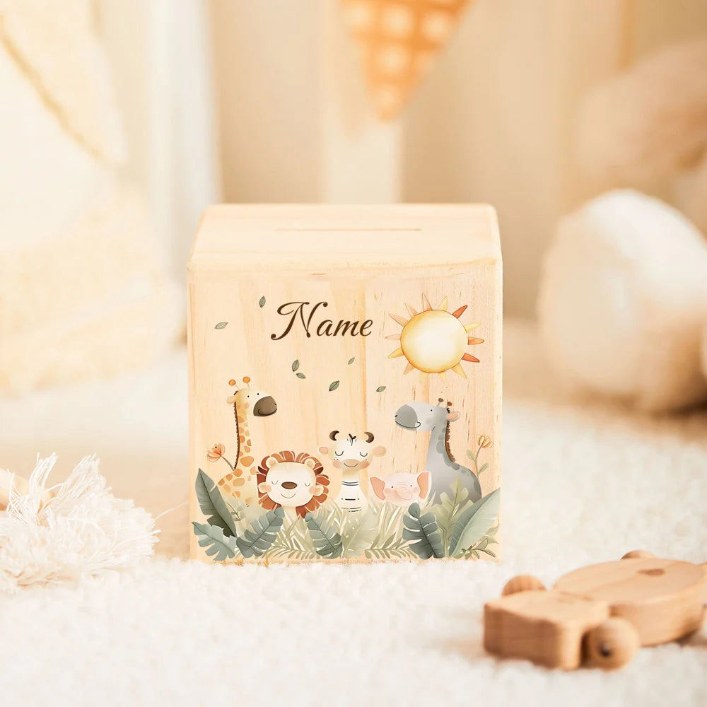 Personalized Wooden Animal Piggy Bank – Custom Name Money Box