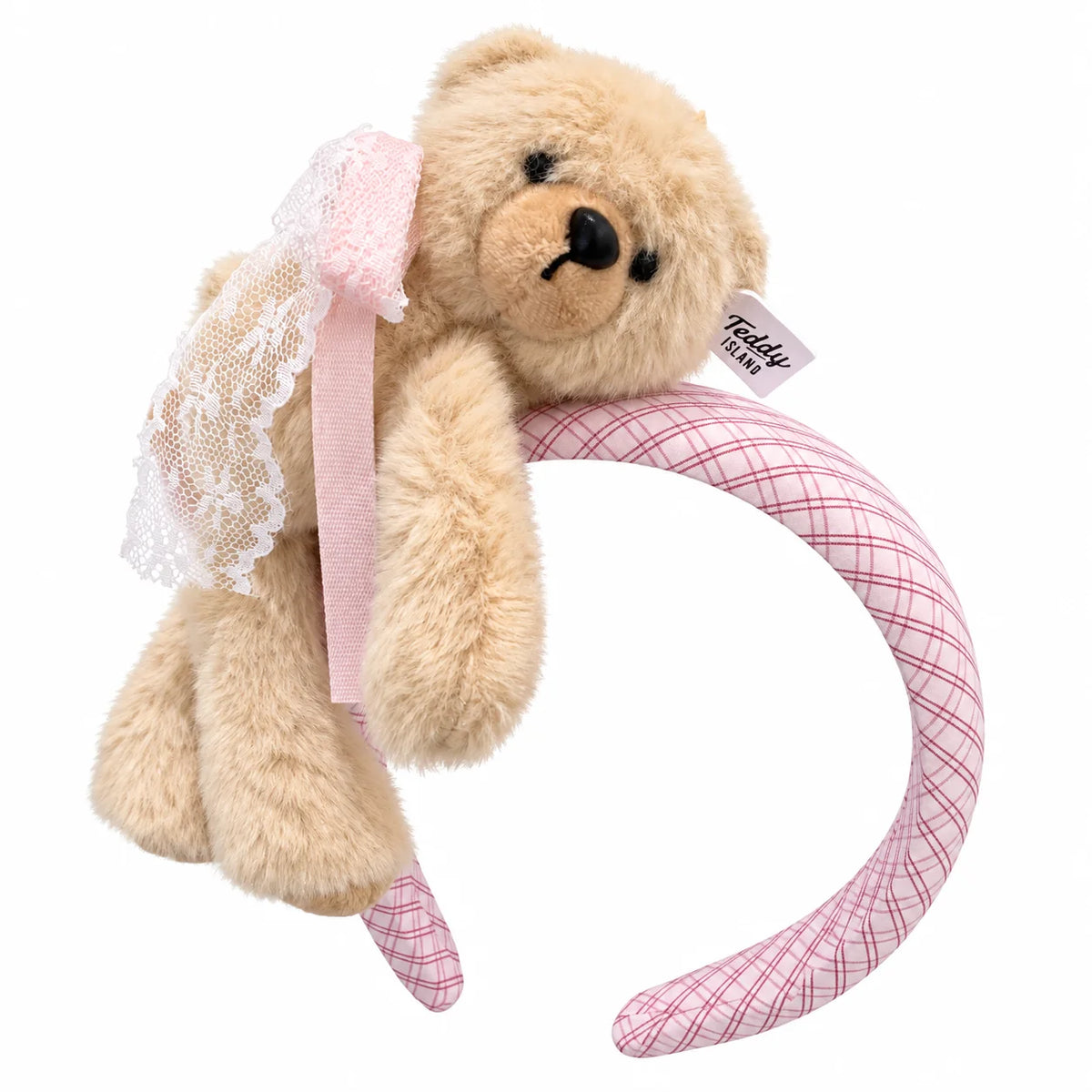 Plush Teddy Bear Headband – Plaid Hair Hoop with Lace Bow