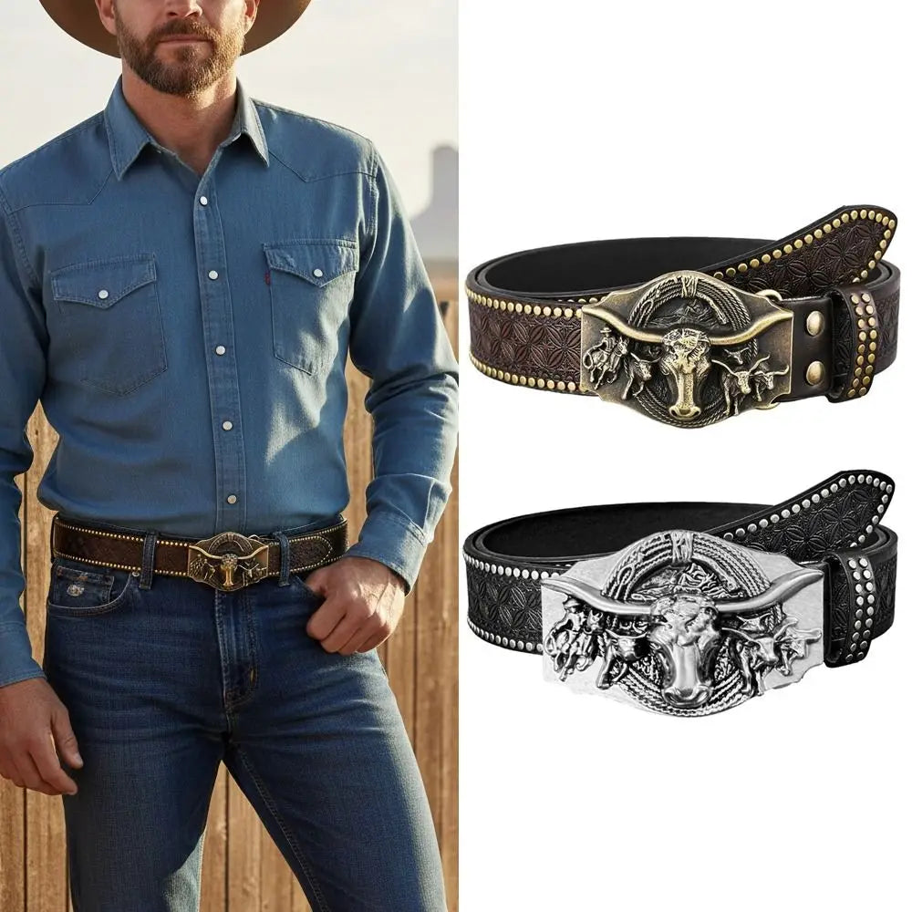 Vintage Western Cowboy PU Leather Belt – Ox Head Buckle
