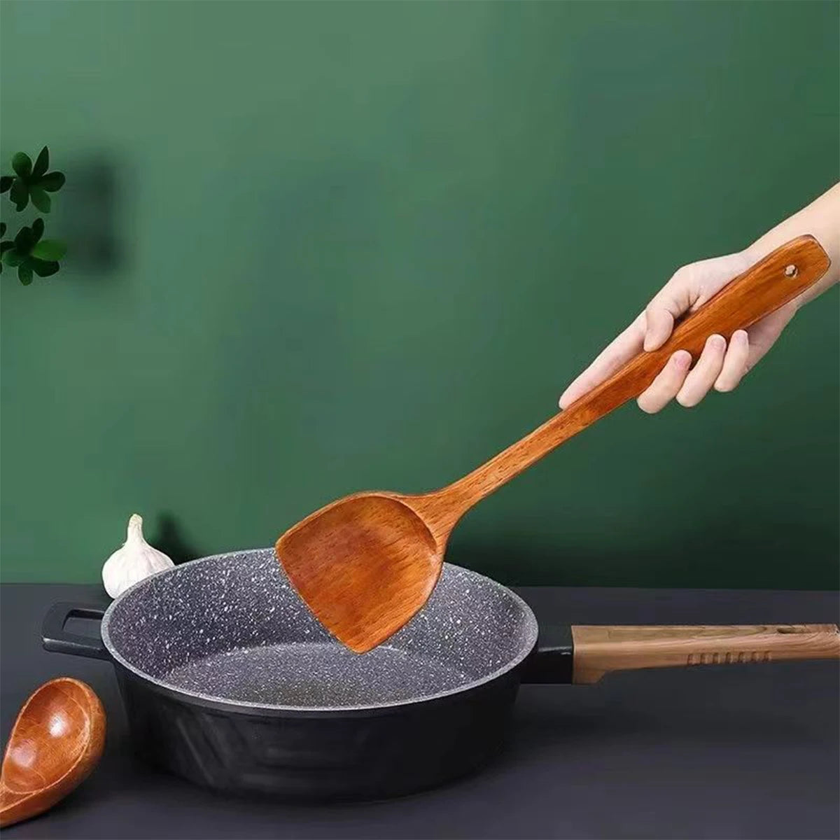 Long Handle Wooden Cooking Spatula – Non-Stick Kitchen Tool