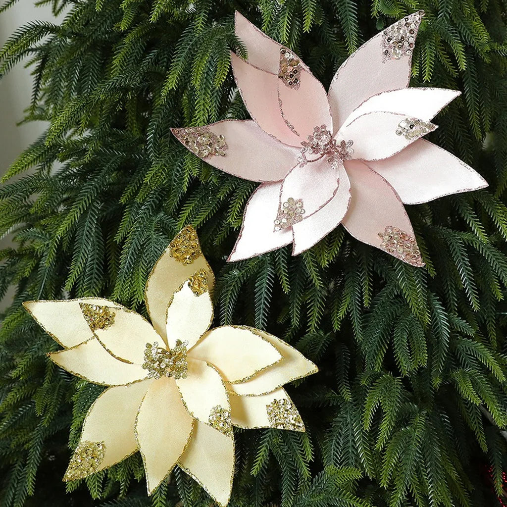 Fabric Sequin Artificial Christmas Rose Flower | Holiday Décor