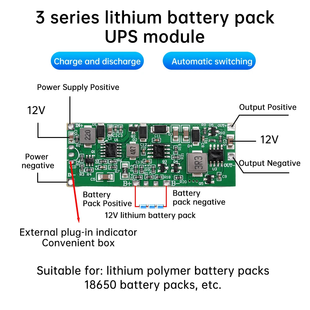 12V 36W UPS Module – 3S Lithium Battery Backup Power Board