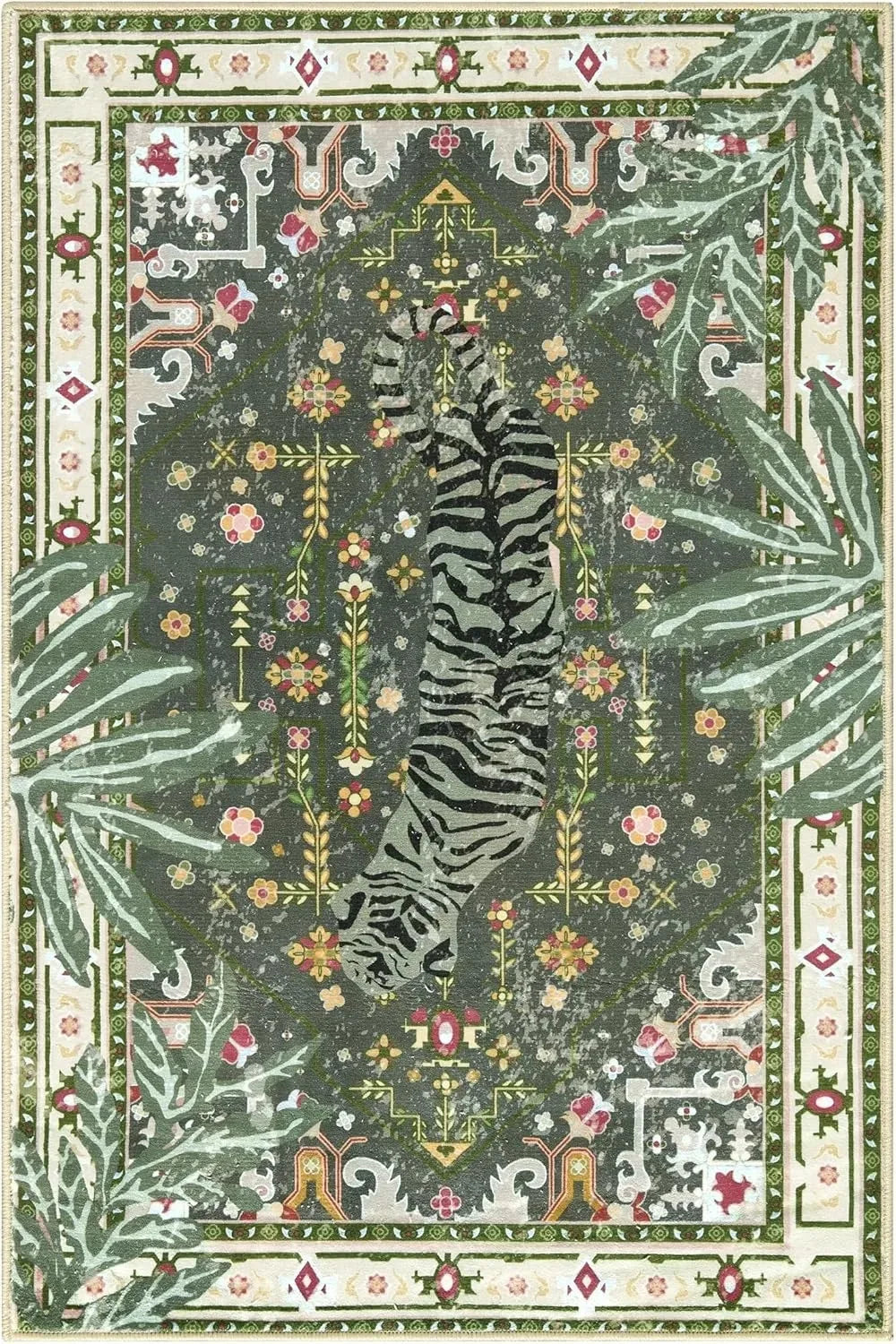 Vintage Tiger Floral Boho Area Rug – Non-Slip Washable Carpet