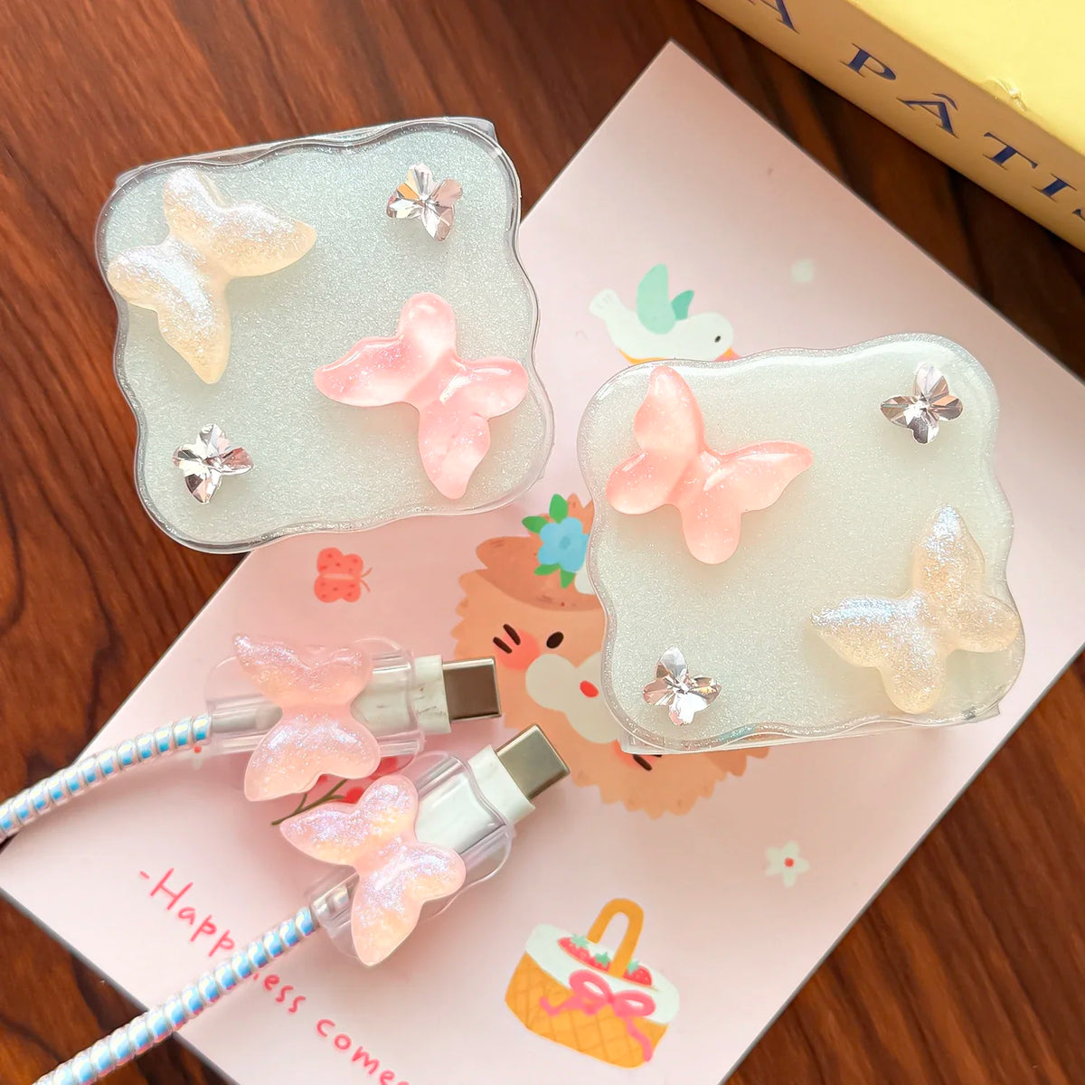 Pink Butterfly iPhone 18W/20W Charger Case & Cable Winder Set