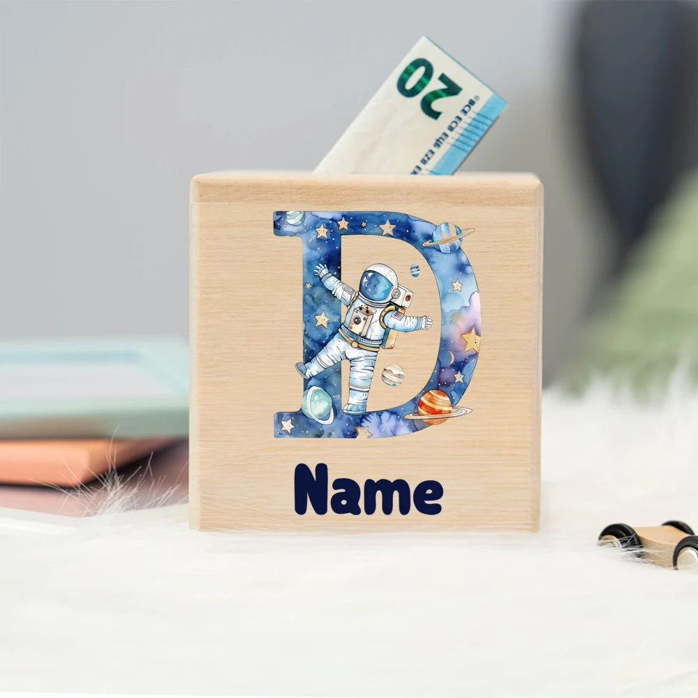 Personalized Astronaut Piggy Bank – Kids Wooden Coin Box