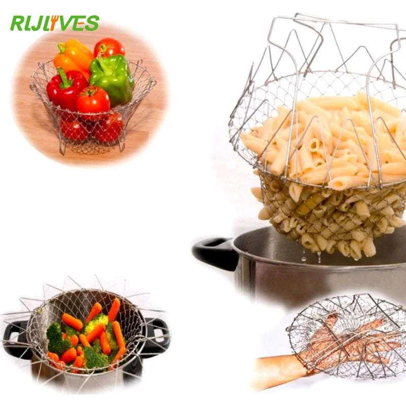 Foldable Stainless Steel Fry Colander & Mesh Strainer Basket