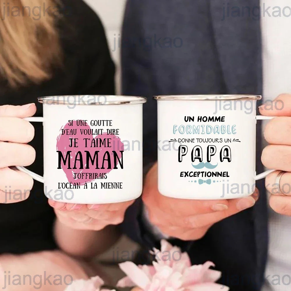 French Print Enamel Mug | Creative Coffee Cup Gift for Mom & Dad