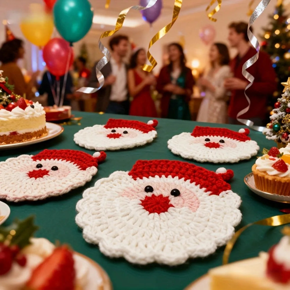 Handmade Crochet Santa Coasters – Holiday Drink Mats