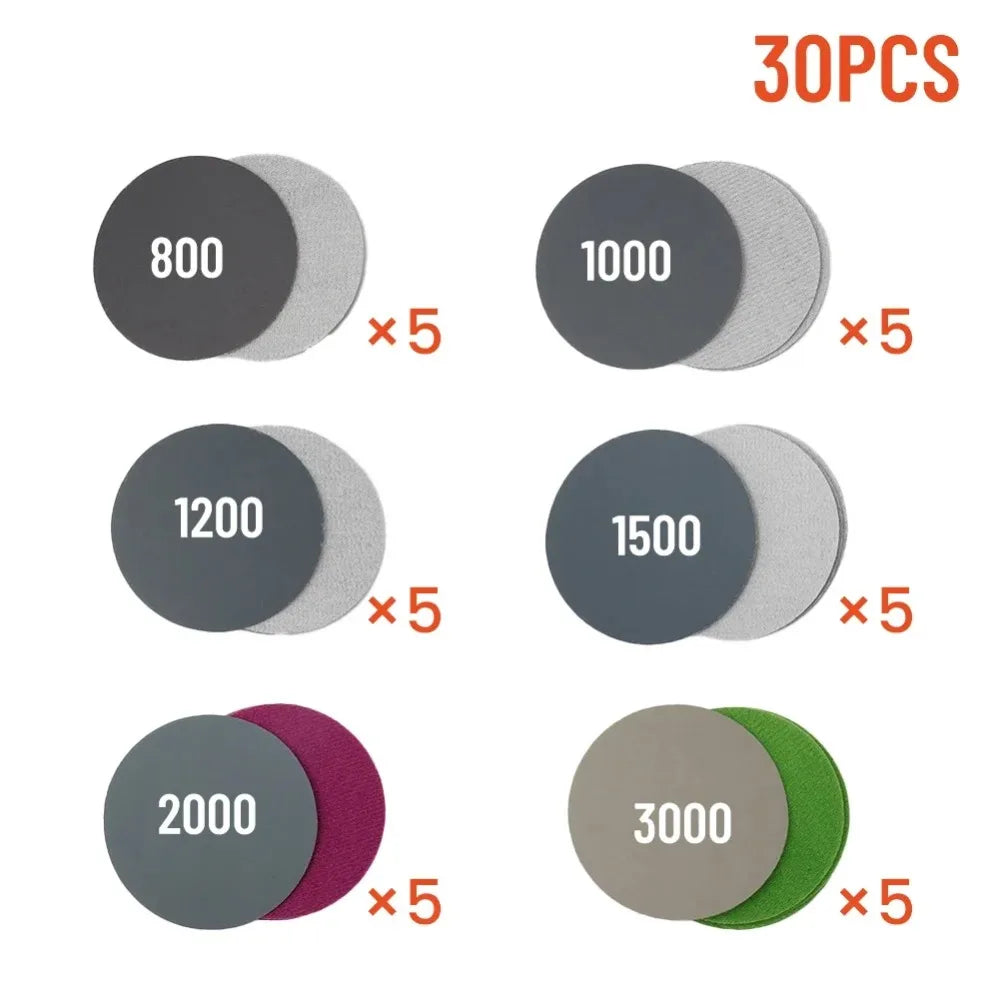 Waterproof Sanding Discs 30-Pack – 3" 800–3000 Grit Wet/Dry