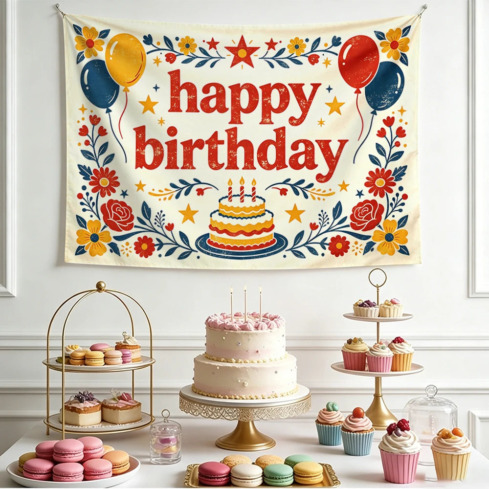 Happy Birthday Cherry Print Tapestry – Party Wall Hanging