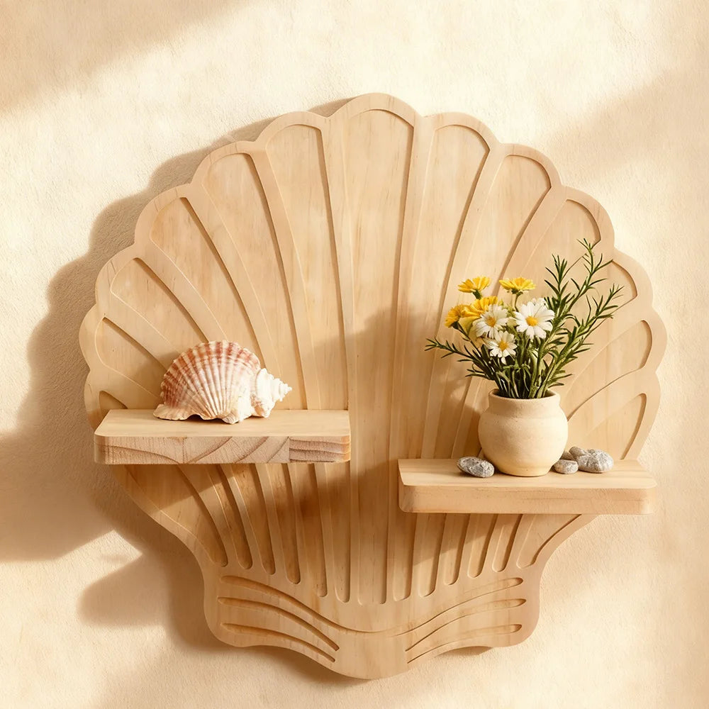 Bohemian Shell Pine Wood Wall Flower Pot Rack | Boho Décor