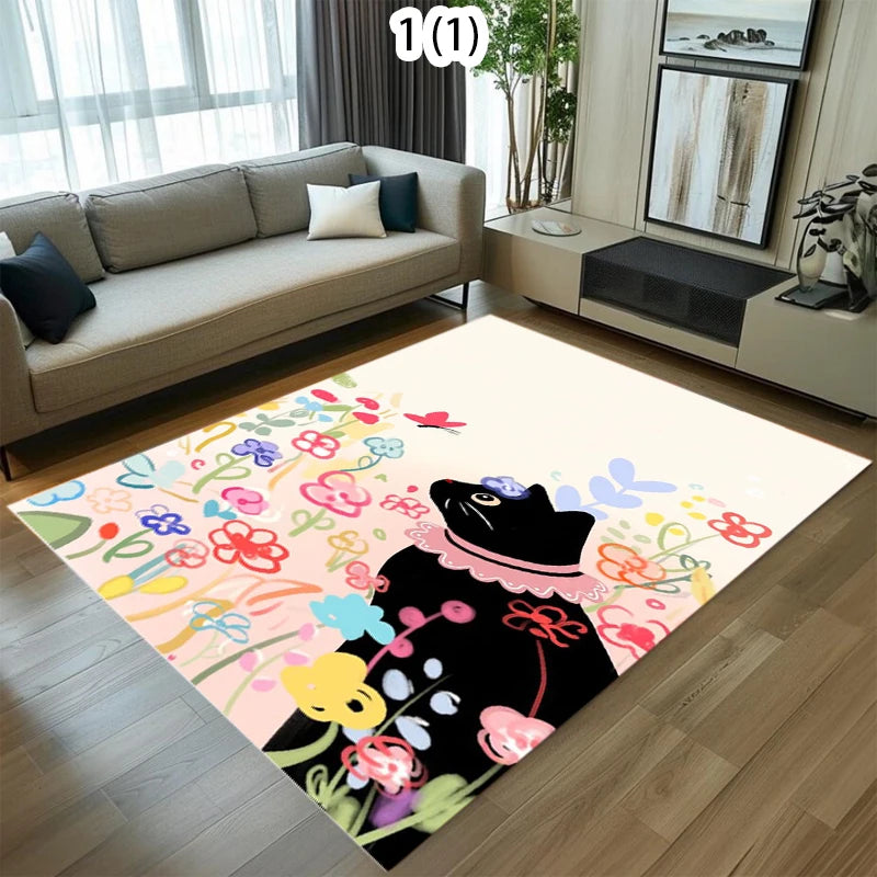 Non-Slip Kawaii Black Cat Area Rug – Washable Kids Room Mat