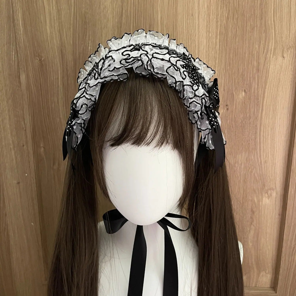 Lolita Lace Headband – Black White Polka Dot Bow Headdress