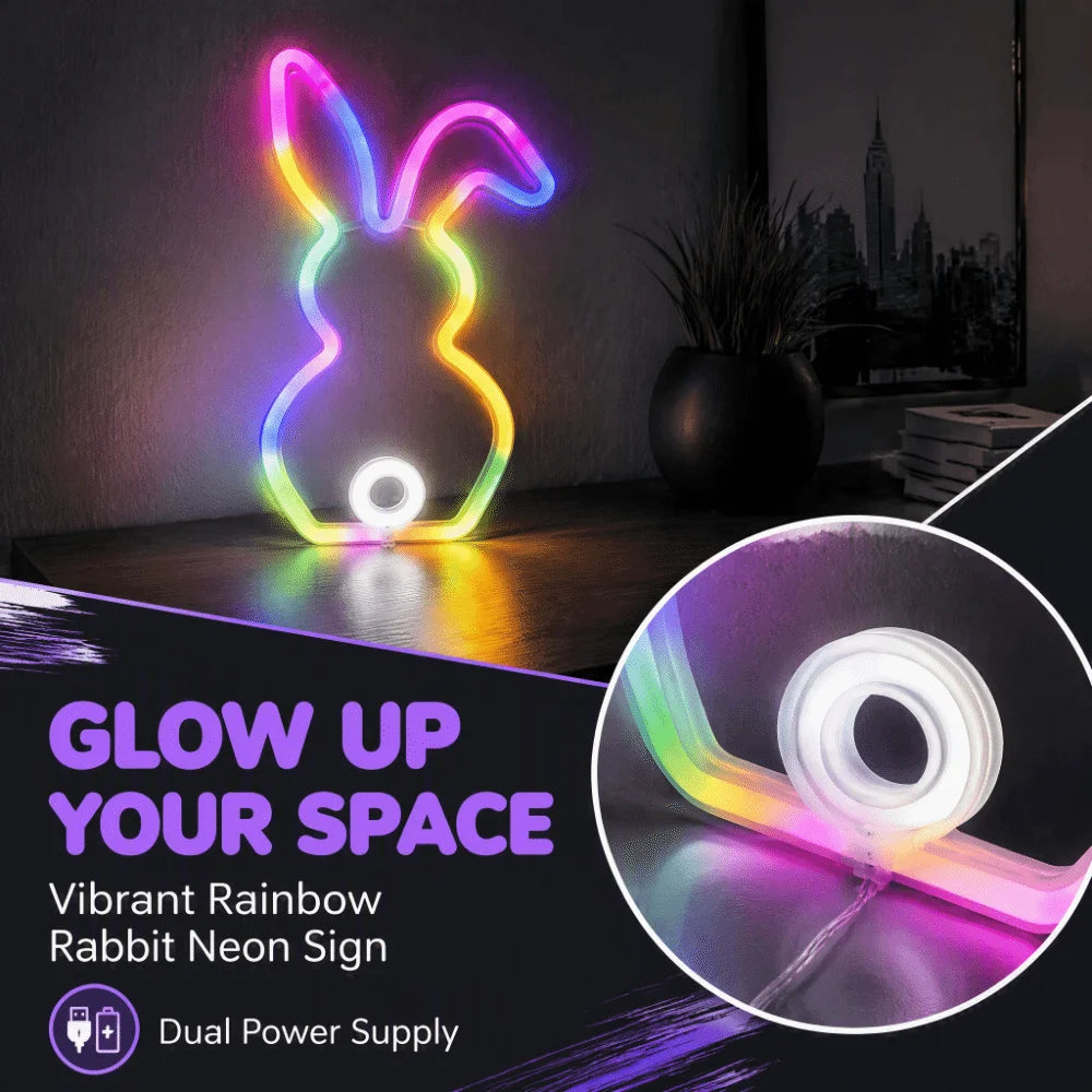 LED Bunny Neon Sign – USB Battery Powered Wall Night Light