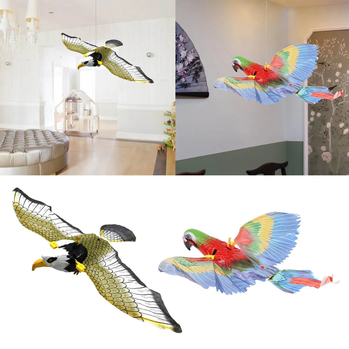 Hanging Flying Bird Deterrent with Light & Sound – Hawk or Parrot