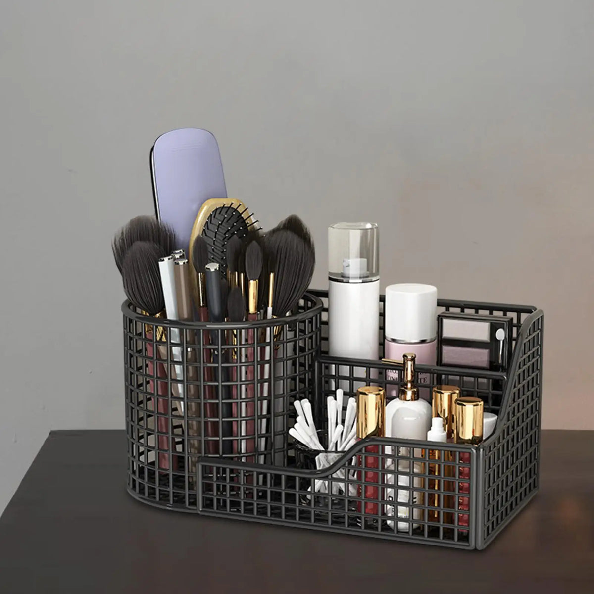 Metal Makeup Brush Holder – 3-Compartment Vanity Organizer