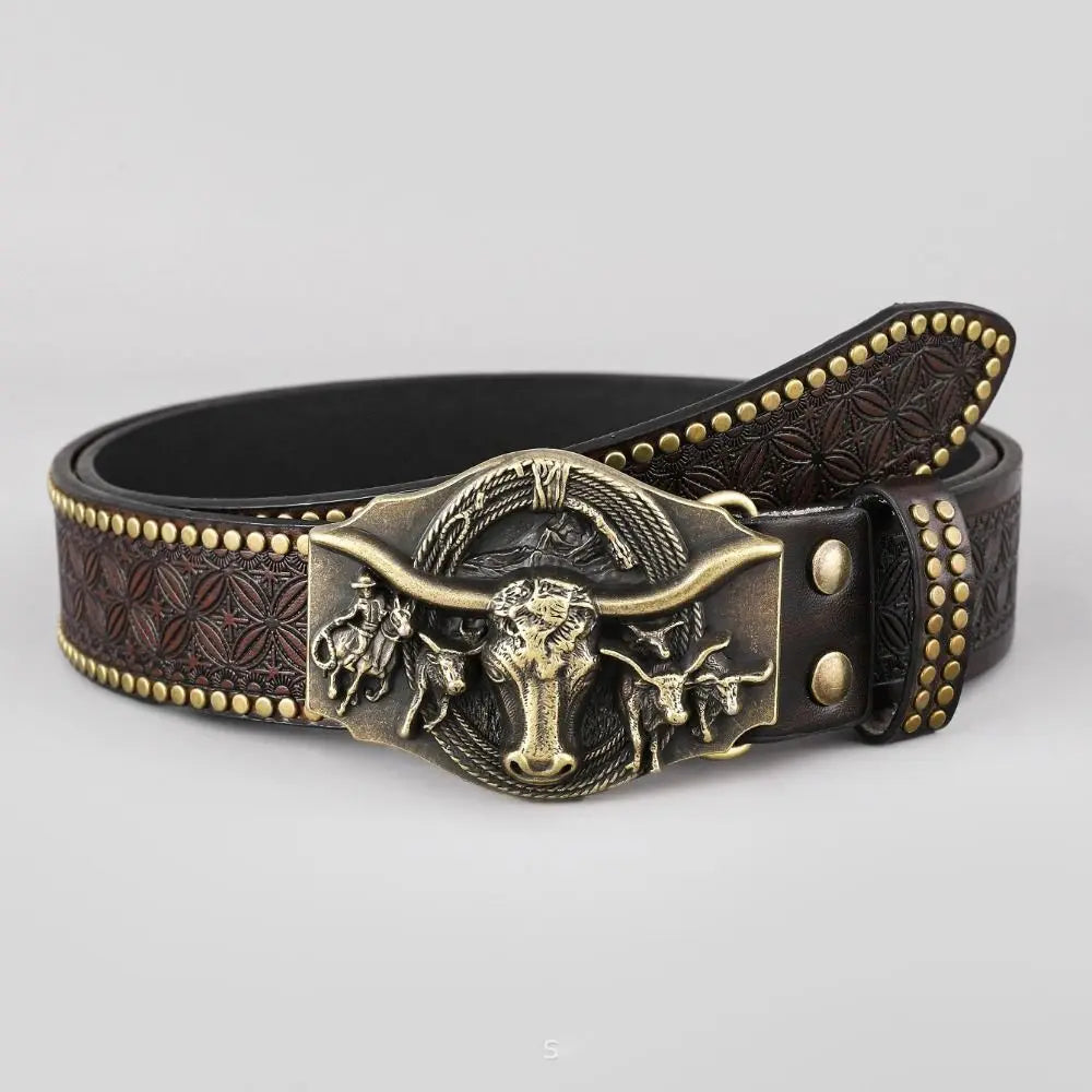 Vintage Western Cowboy PU Leather Belt – Ox Head Buckle