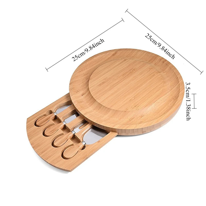 Round Bamboo Cheese Board Set with Knife Drawer – 5-Piece