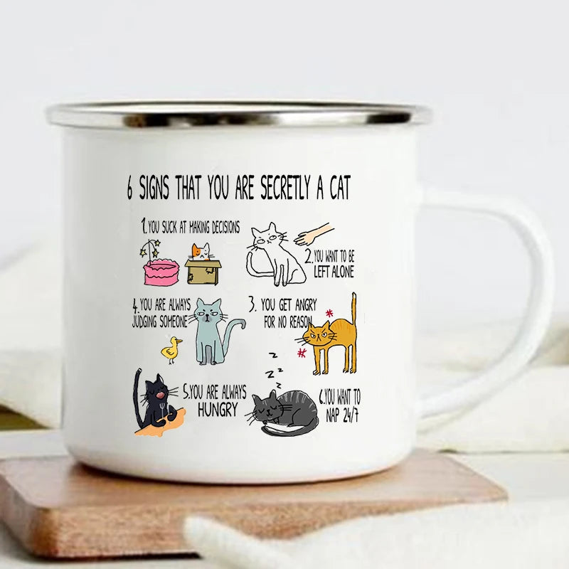 "6 Signs You're Secretly a Cat" Funny Enamel Coffee Mug