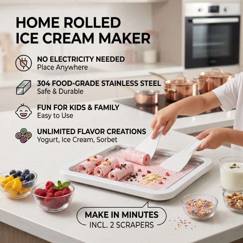 Rolled Ice Cream Maker Plate with 2 Scrapers | No-Power