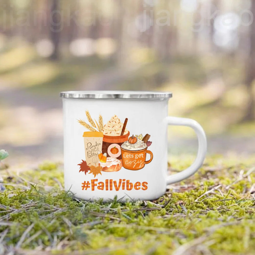 Pumpkin Spice Jesus Enamel Mug – Fall Camping Coffee Cup