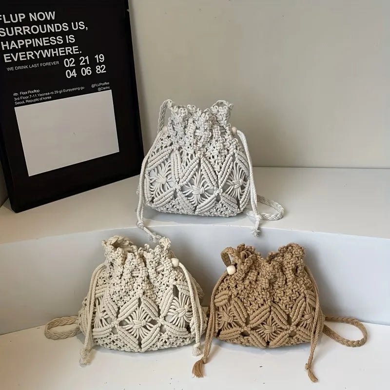 Boho Macrame Bucket Bag – Handmade Woven Drawstring Crossbody