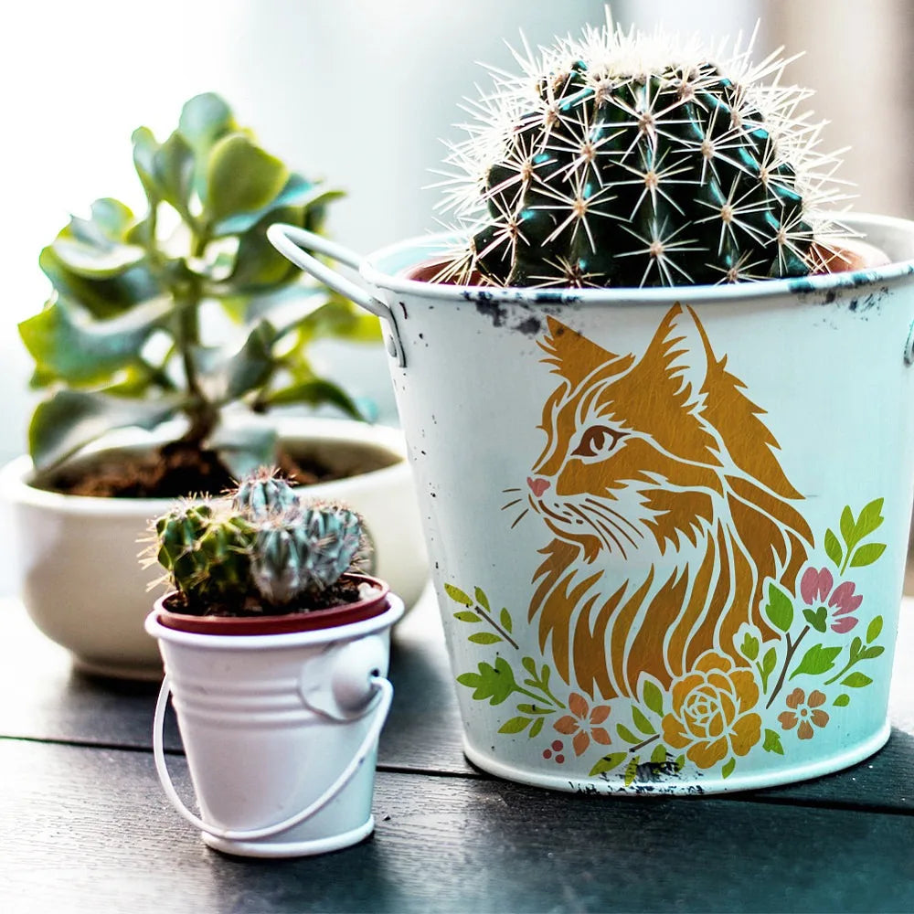 6-Piece Cat & Floral PET Hollow Painting Stencils 30x30cm