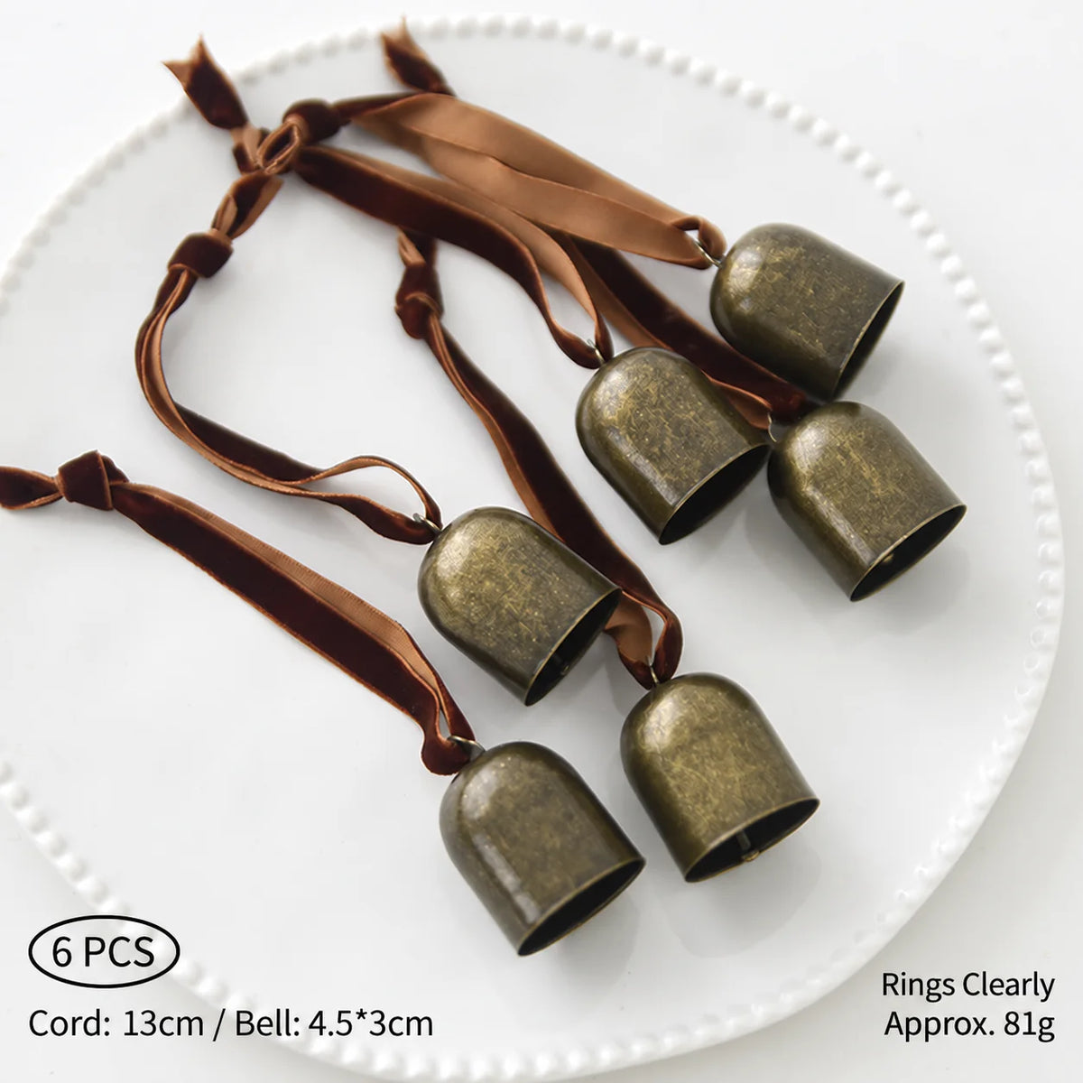 Iron Christmas Bell Ornaments with Velvet Ribbon – 6-Piece Set