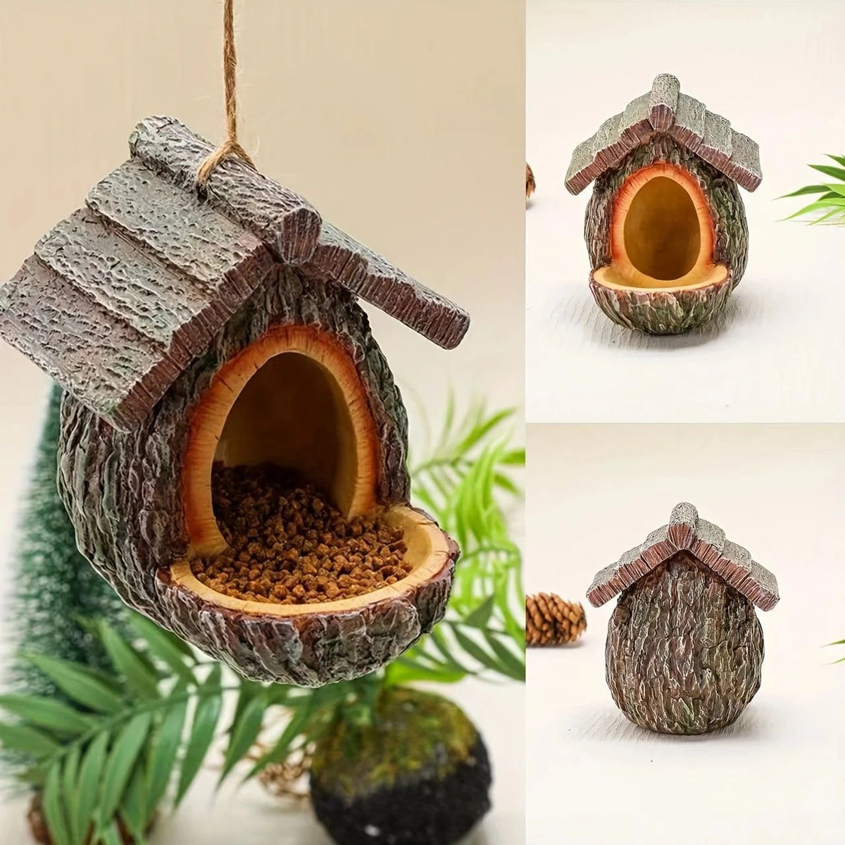 Resin Tree Stump Bird Feeder & Nest Garden Sculpture Decor