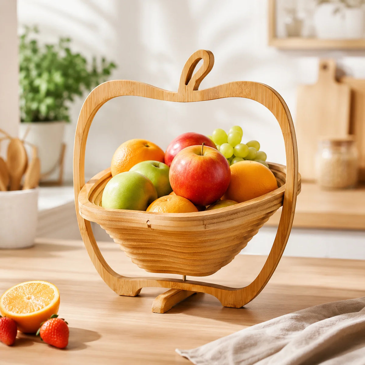 Foldable Bamboo Fruit Basket & Heat-Resistant Wooden Tray