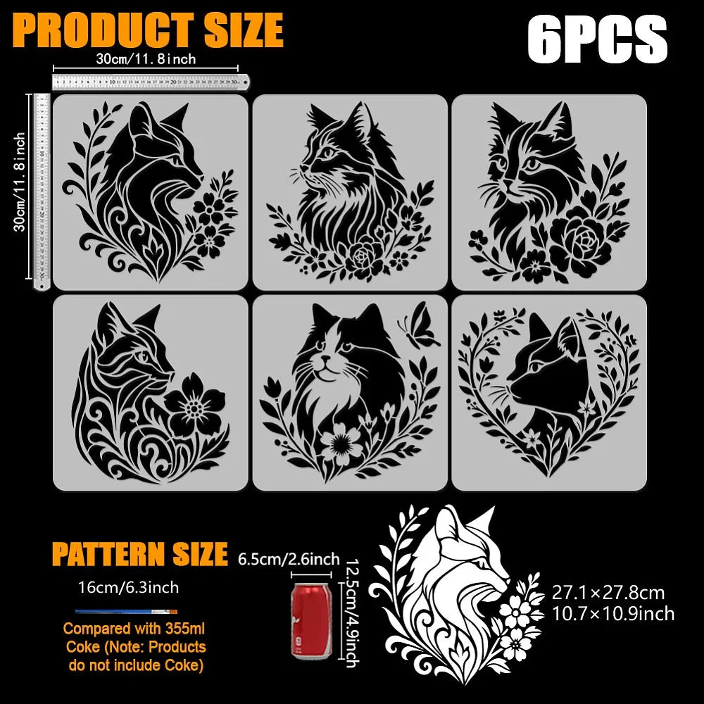 6-Piece Cat & Floral PET Hollow Painting Stencils 30x30cm