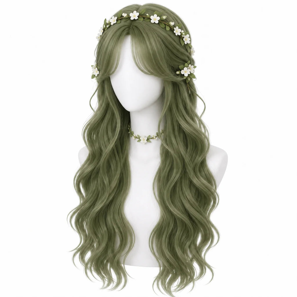 Dark Green Long Curly Wig – Wavy Middle Part Cosplay Hairpiece