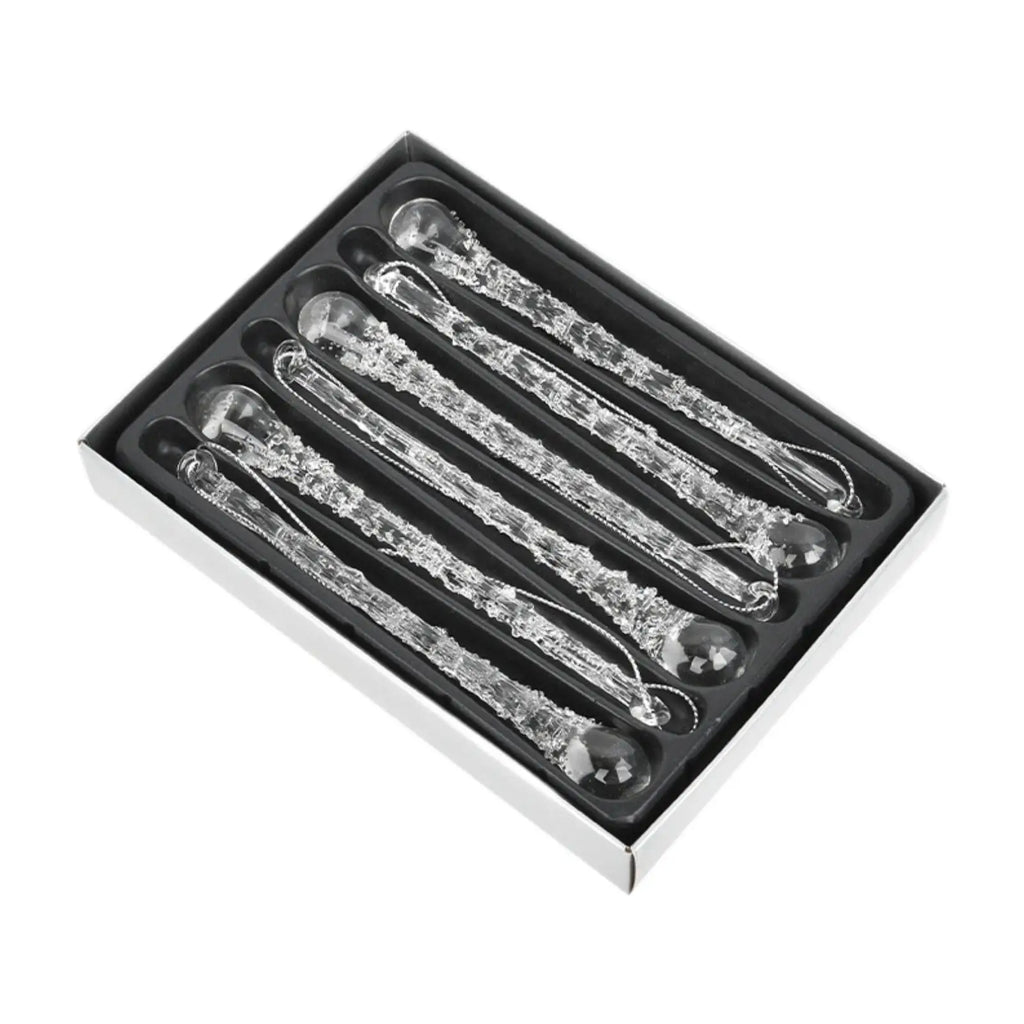 Glass Christmas Icicle Ornaments – Clear Tree Pendants Set of 6