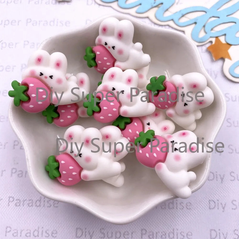 12PCS Resin Strawberry Rabbit Flatback Figurines for DIY Crafts