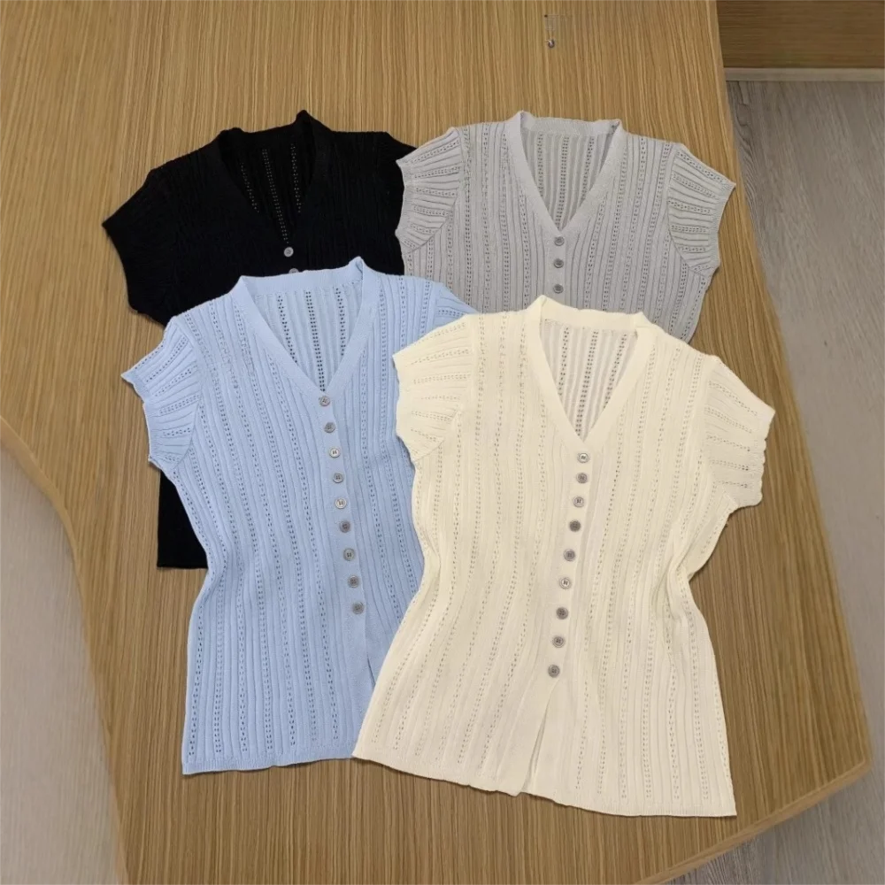 Women's Ice Silk V-Neck Hollow Knit Cardigan Short Sleeve Top