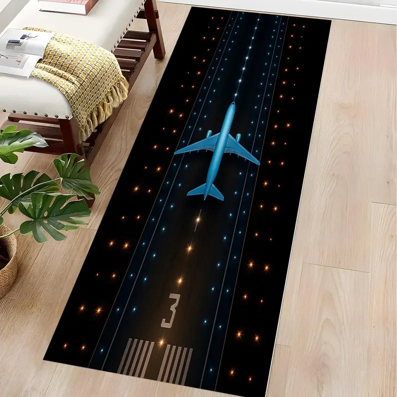 Kids Airplane Play Mat – Neon Runway Anti-Slip Rug