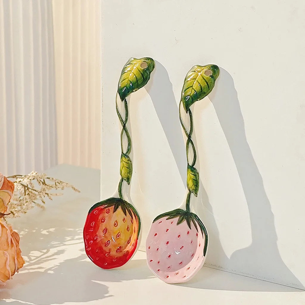 Hand-Painted Ceramic Strawberry Spoon – Long Handle Kitchen