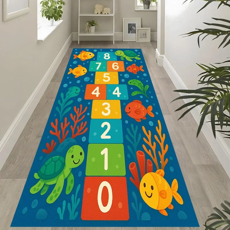 Dinosaur Hopscotch Kids Runner Rug – Non-Slip Washable Mat