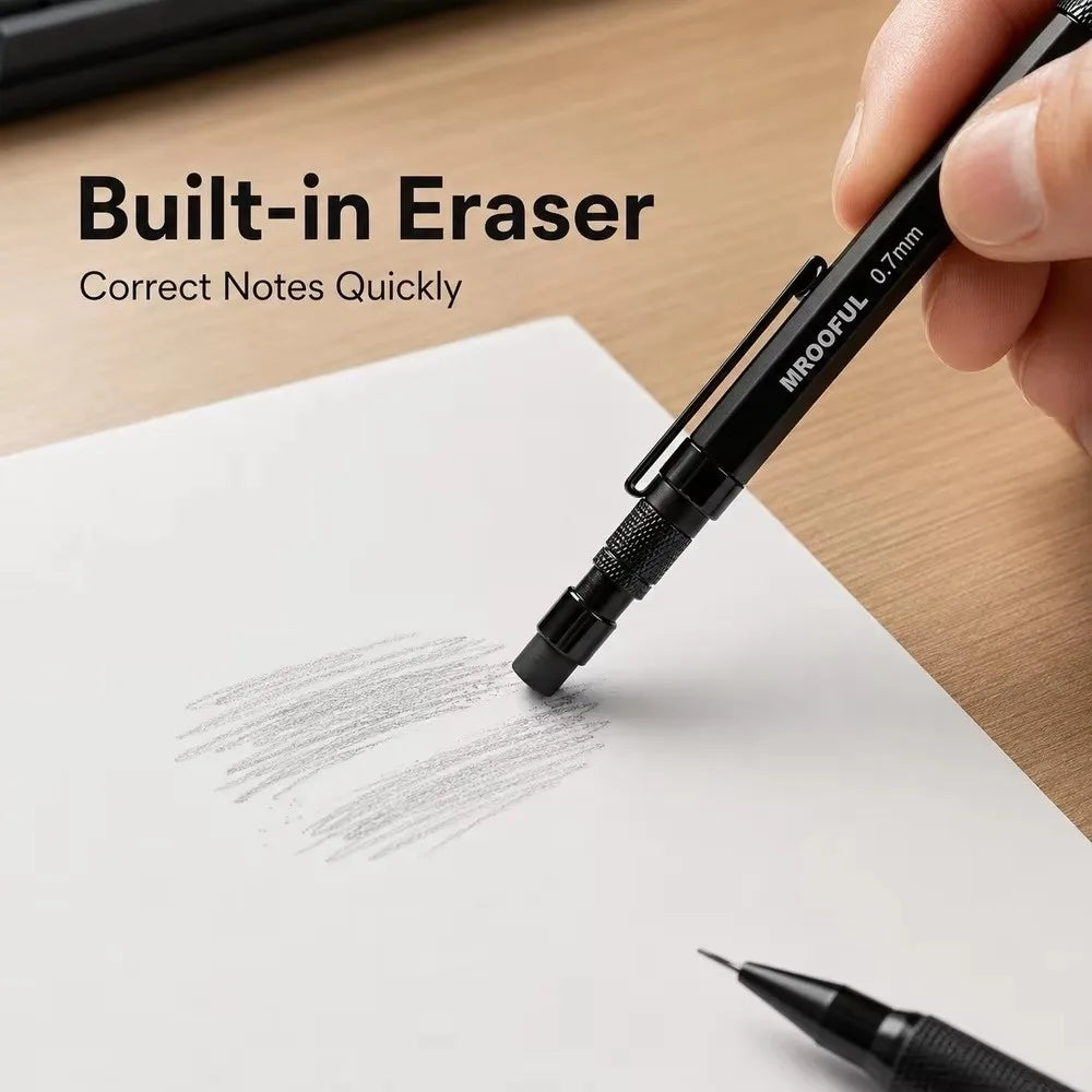 Metal Mechanical Pencil 0.5–1.3mm | Low Gravity, Built-in Eraser