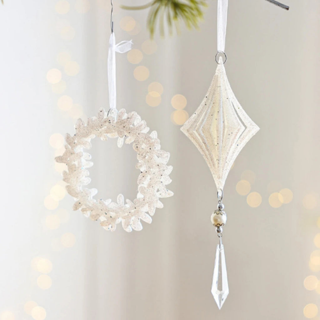Glittery Christmas Wreath Hanging Ornament – White Plastic