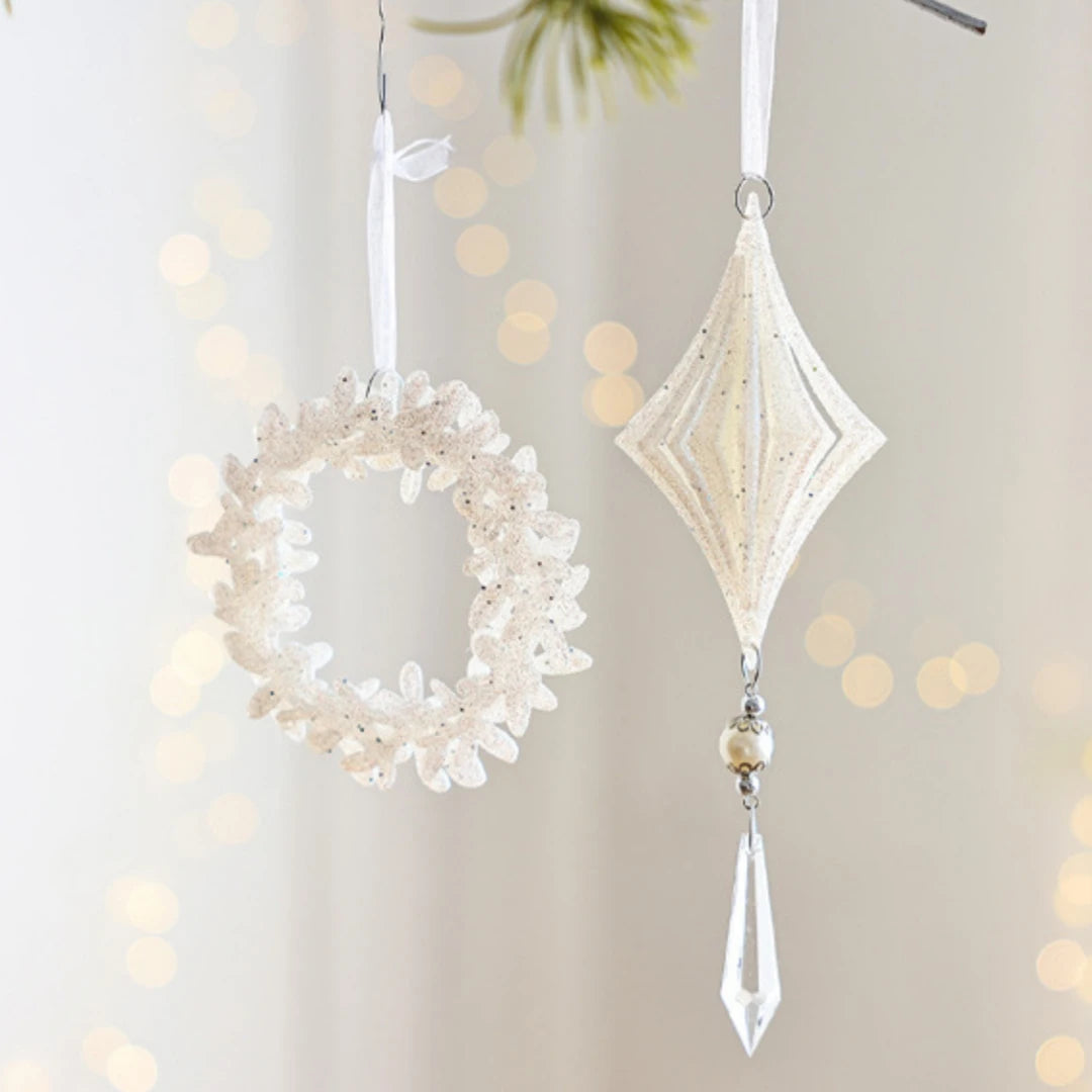 Glittery Christmas Wreath Hanging Ornament – White Plastic