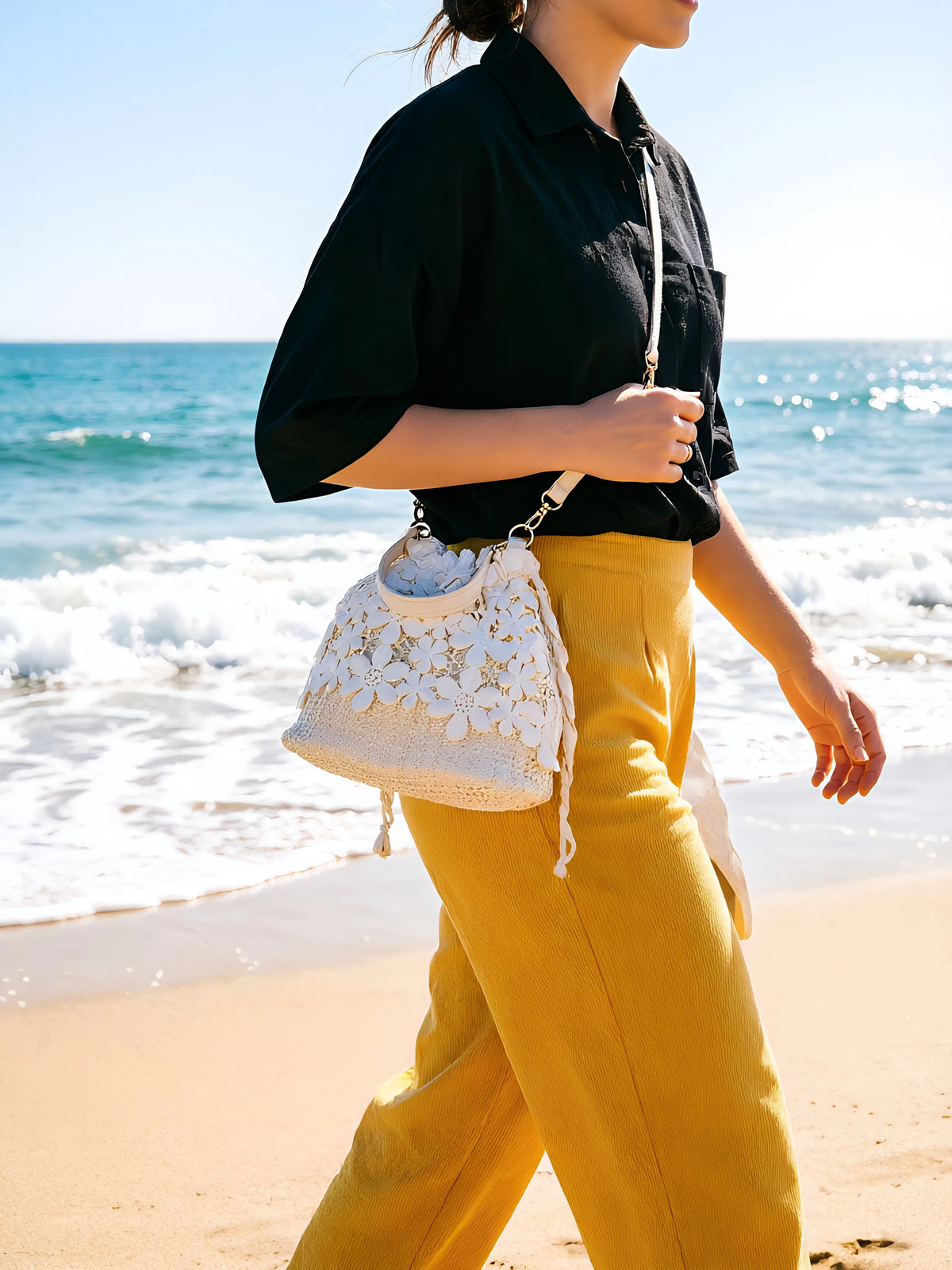 Women's Woven Straw Bucket Bag – Beach Crossbody Handbag