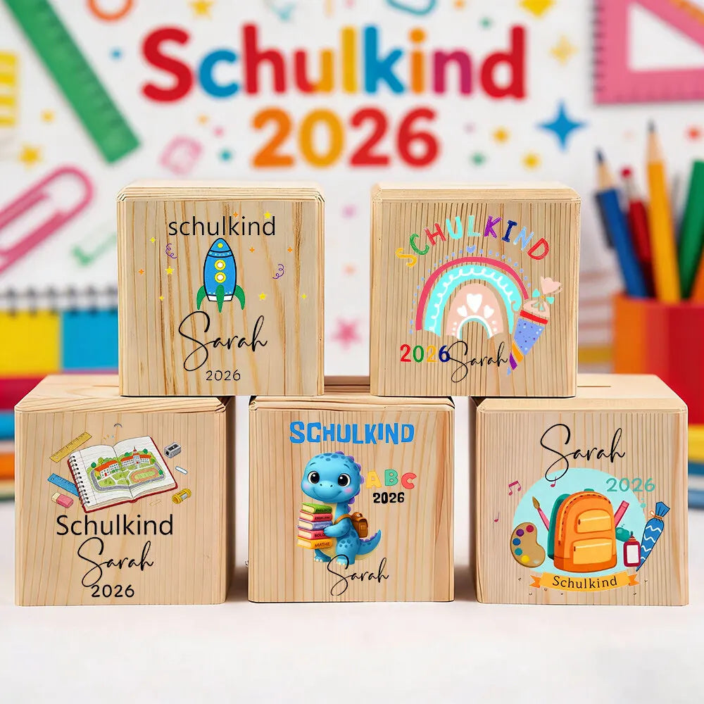 Personalized Schulkind 2026 Wooden Money Box – School Gift