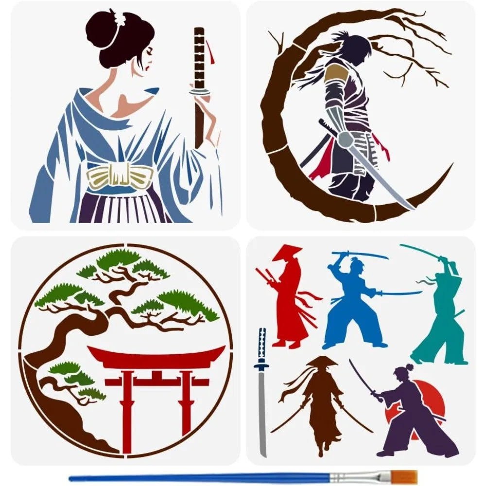 4-Piece Oriental Samurai Painting Stencil Set with Brush 11.8"