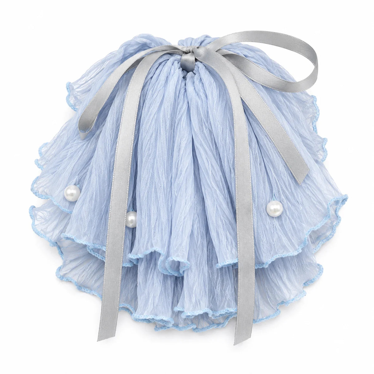 Blue Ruffle Bow Hair Clip with Pearl Decor | Elegant Barrette