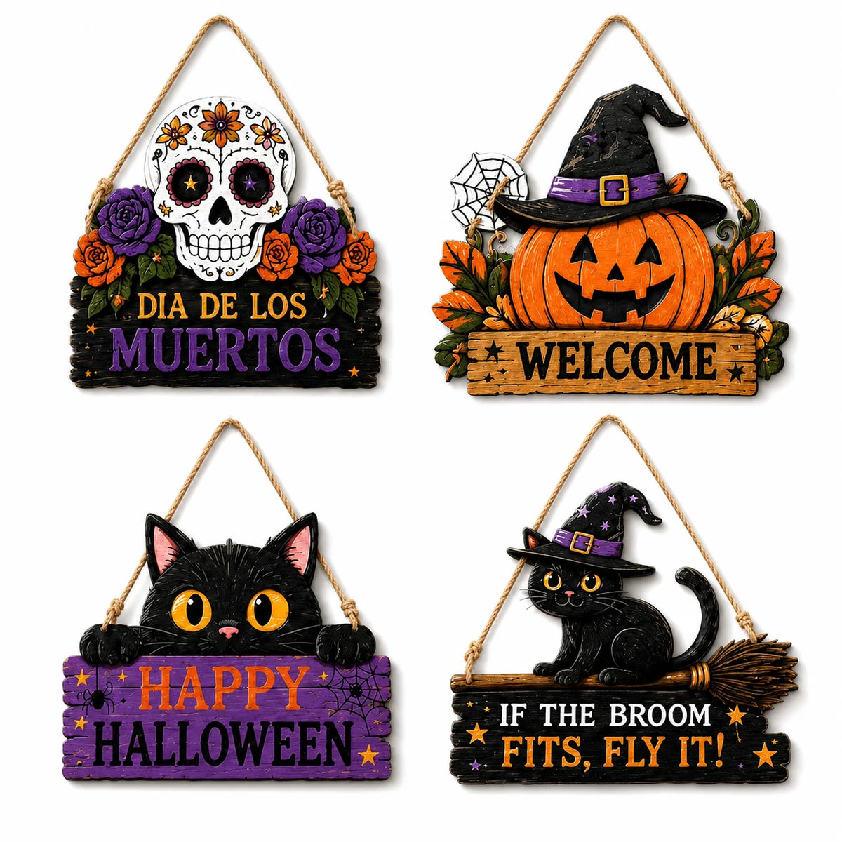 Halloween Wooden Door Sign – Black Cat Pumpkin Skull Plaque